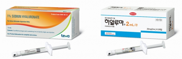 미국(좌)과 한국에서 판매되는 히알루마 패키지.(사진제공 : 한미약품)